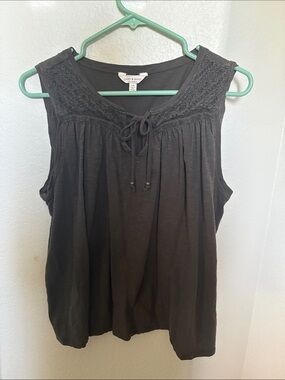 Lucky Brand Charcoal Sleeveless Tie-Neck Crochet Yoke Tank